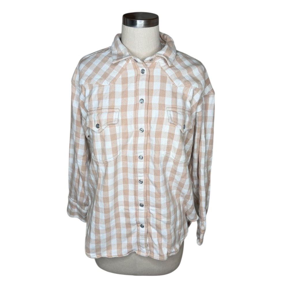 J.CREW Button Down Shirt Tan Gingham Relaxed Western Flannel Women's Size 8‎